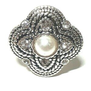 Costume Jewelry Ring Antiqued Silver-Tone Rhinestone with Faux Pearl One Size